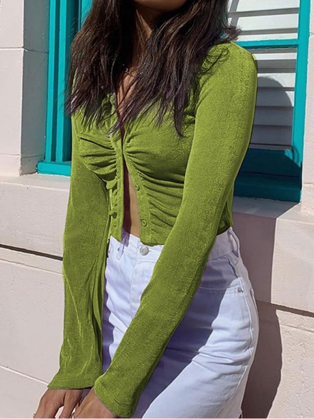 Olive Green Ruched Button Front Crop Top Bell Sleeves Size Small